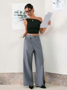 Ritzy Row Green Asymmetric Button Straight-Leg Women Pants - Grey - View 6