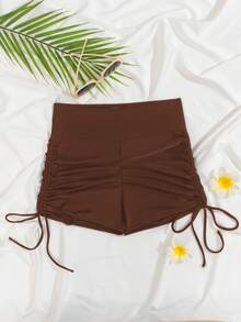 Swim Basics Quần bơi nữ màu trơn có dây rút bên hông, thích hợp cho kỳ nghỉ hè ở bãi biển. - Cà phê nâu - Xem 3