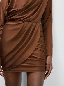Maija Short Stand Collar Long Sleeve Dress - Brown - View 4
