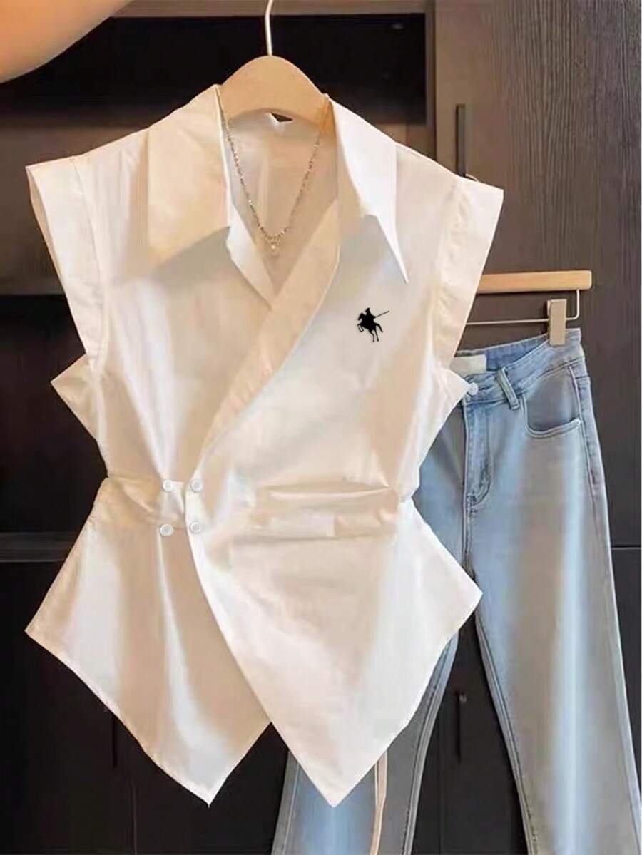 GlowEve Women's Sleeveless Polo Collar Asymmetric Hem Embroidered Blouse - Multicolor - View 1