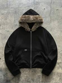 AXEPEAK American Style Black Fur Collar Hoodie, Niche Design Slim Fit Short Sweatshirt Jacket For Men - Black - View 1