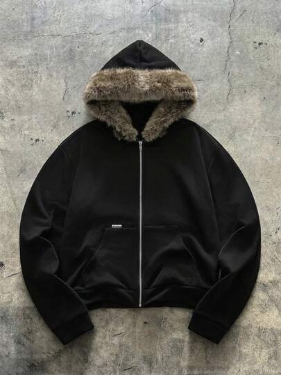 AXEPEAK 美式黑色毛领连帽衫，小众设计修身短款男士卫衣外套