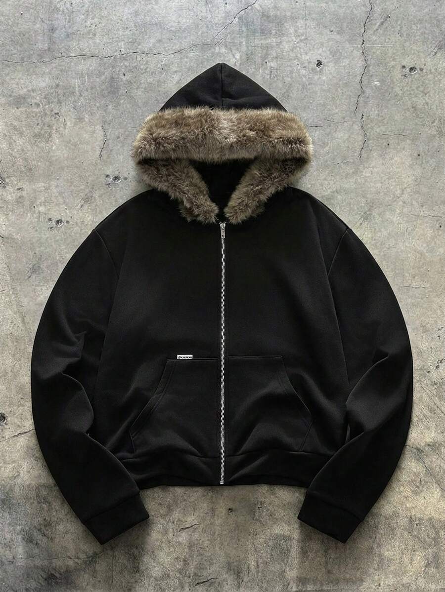 AXEPEAK American Style Black Fur Collar Hoodie, Niche Design Slim Fit Short Sweatshirt Jacket For Men - Black - View 1