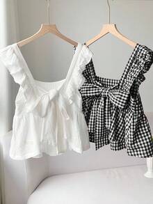 Comfortcana Áo kiểu nữ ngắn tay thắt nơ, dệt hai màu. - Đen và trắng - Xem 7