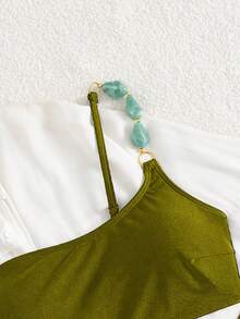 Swim Chiccia 女士夏季沙滩音乐节棕色亮面面料串珠单肩优雅比基尼套装 - 綠色 - 查看 6