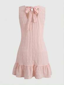 Chiquease Vestido casual de mujer con cuello redondo, volantes en el bajo y espalda descubierta de unicolor - Champán - Ver 2