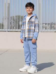 Vacaura 2pcs/Set Boys' Plaid Long Sleeve Hooded Cardigan Top And Loose Cargo Pants Light Blue Outfit,Autumn Casual School Back-To-School Fashionable Outfit - Blue - View 1