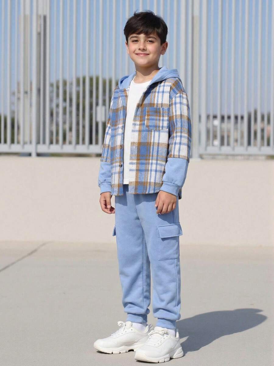 Vacaura 2pcs/Set Boys' Plaid Long Sleeve Hooded Cardigan Top And Loose Cargo Pants Light Blue Outfit,Autumn Casual School Back-To-School Fashionable Outfit - Blue - View 1