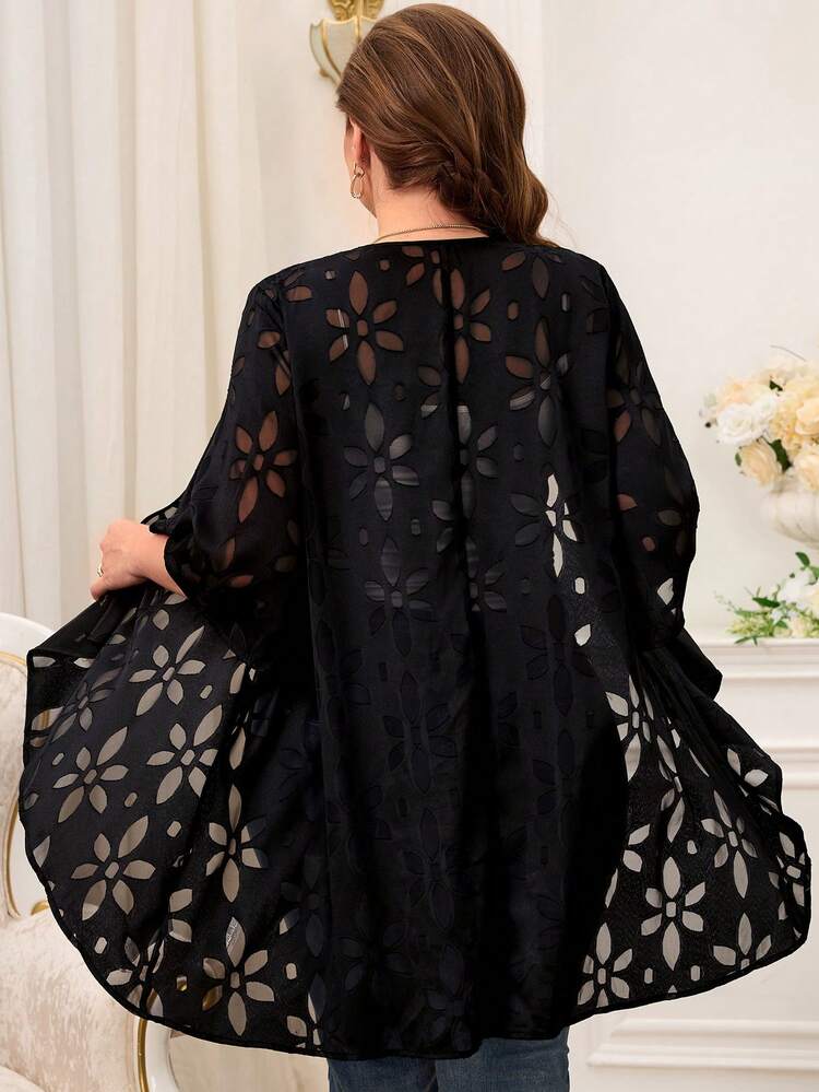Plus Size Black Mid-Sleeve Casual Sheer Elegant Jacket For Summer/ Vacation Plus Size Kimono Black Kimono Curve Kimono Kimono Cardigan Plus Size Cardigan