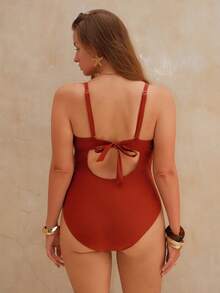 Swim Chiccia Plus Size Women Solid Color One-Piece Swimsuit - Coffee Brown - View 2