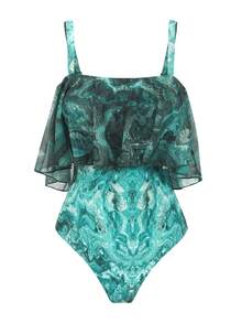 Swim Oasis 夏季女士绿色大理石纹荷叶边吊带连体泳衣，配可拆卸肩带和串珠长裙，优雅泳装套装 - 墨綠色 - 查看 5