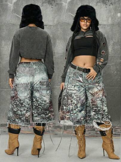 Grunge Punk Pantalones cortos de mezclilla holgados con estampado muy desgastado para mujer de talla grande, estilo punk callejero