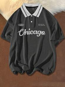 Manfinity Campus Court Áo polo tay ngắn in chữ phối màu cỡ lớn, kiểu dáng thường ngày. - Màu xám đen - Xem 1