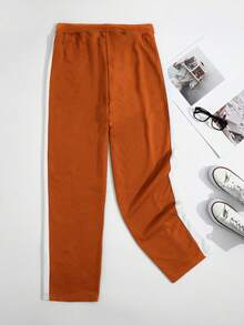 HUEFORM 男士抽绳腰拼接侧缝运动裤 男士阔腿健身裤 男士橙色慢跑裤 男士阔腿运动裤 橙色运动裤 男士阔腿侧条纹健身裤 - 橘色 - 查看 2