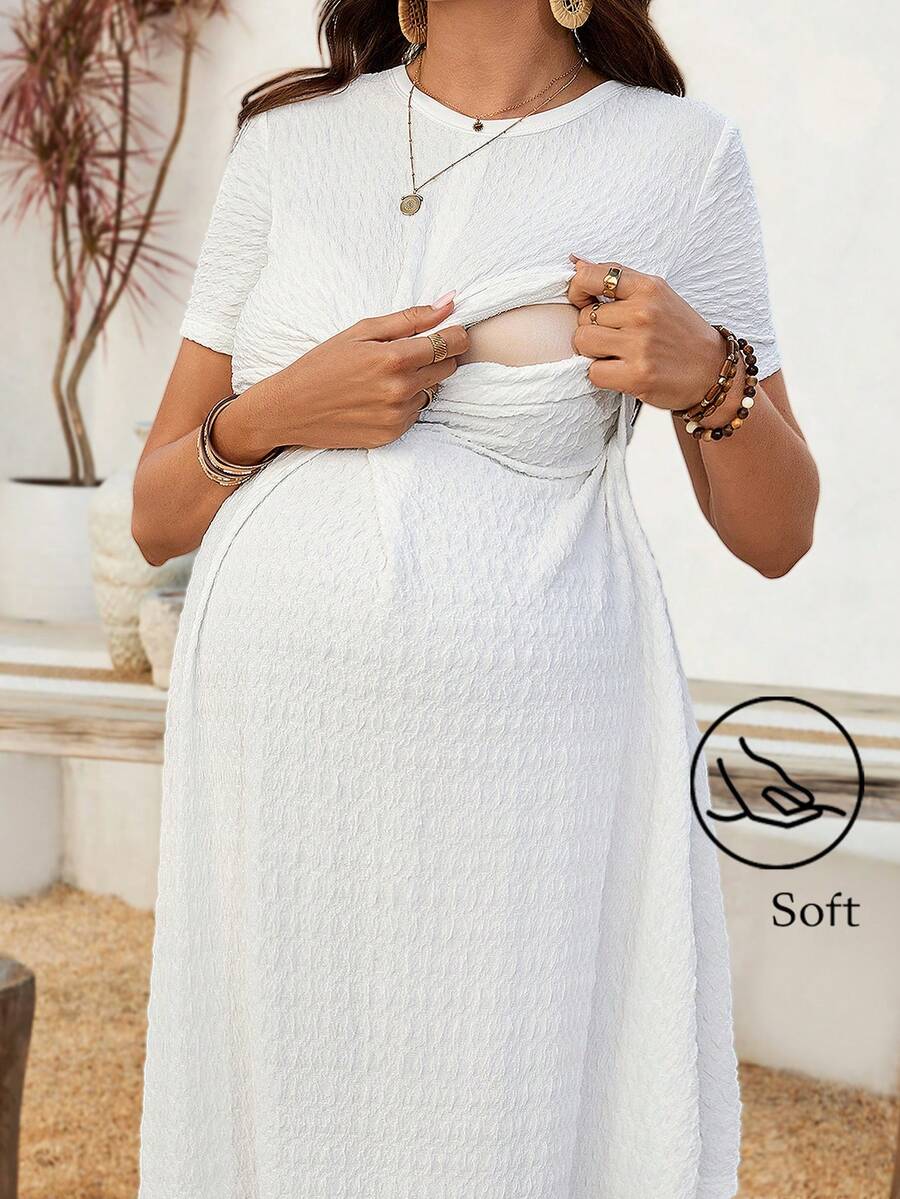 SHEIN 休闲扭结前襟短袖哺乳连衣裙