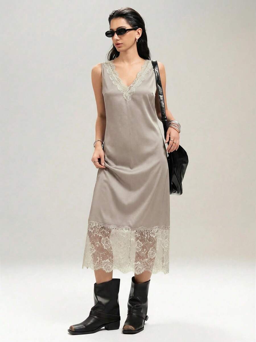 LYSMO Đầm nữ kaki dài ngang gối cổ chữ V phối ren, đầm midi nữ mùa xuân/hè, đầm slip nữ, đầm maxi ren nữ, đầm midi nữ - Màu Khaki - Xem 1