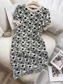 GlowEve 新款通勤法式T恤连衣裙，女士宽松格纹针织毛衣连衣裙，尽显高端气质 - 彩色 - 查看 1