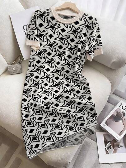 GlowEve New Commuter French T-Shirt Dress, Women Loose Plaid Knit Sweater Dress With High-End Vibe