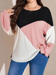 SHEIN LUNE Plus Size Casual Contrast Color Round Neck Lantern Sleeve Sweatshirt, Autumn Plus Size Fall Clothes - Pink - View 3