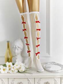 Crystal Vow 女士蝴蝶结装饰内衣配饰渔网袜 - 紅白色 - 查看 7