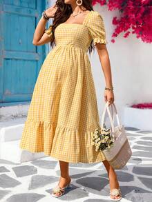 SHEIN 孕妇格子方领泡泡袖荷叶边下摆时尚连衣裙，适合度假 - 黃色 - 查看 4