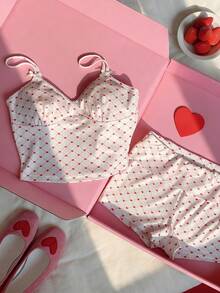 Comfortcana 2026 New Fashionable Women's Casual Heart Print Camisole Top & Shorts 2 Pieces Set, Summer Summer Women's Summer Sets Ummer Outfits For Women Spring Outfit Women  Clothes Valentine's Day Vacation Outfits Women - Red and White - View 3