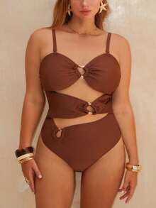 Swim Chiccia Plus Size One-Piece Swimsuit, Solid Color With Metallic Accents, Elegant Series For Women - Brown - View 1