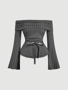 SHEIN MOD Women's Solid Color Off-Shoulder Flare Sleeve Bow Decor Fashion T-Shirt - Dark Grey - View 1