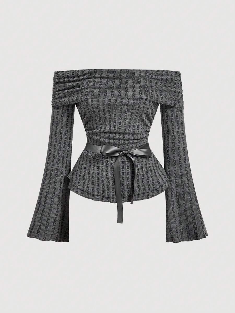 SHEIN MOD Women's Solid Color Off-Shoulder Flare Sleeve Bow Decor Fashion T-Shirt - Dark Grey - View 1