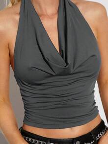 SHEIN EZwear Áo kiểu cổ rộng màu đen có dây đeo - Màu xám đen - Xem 5