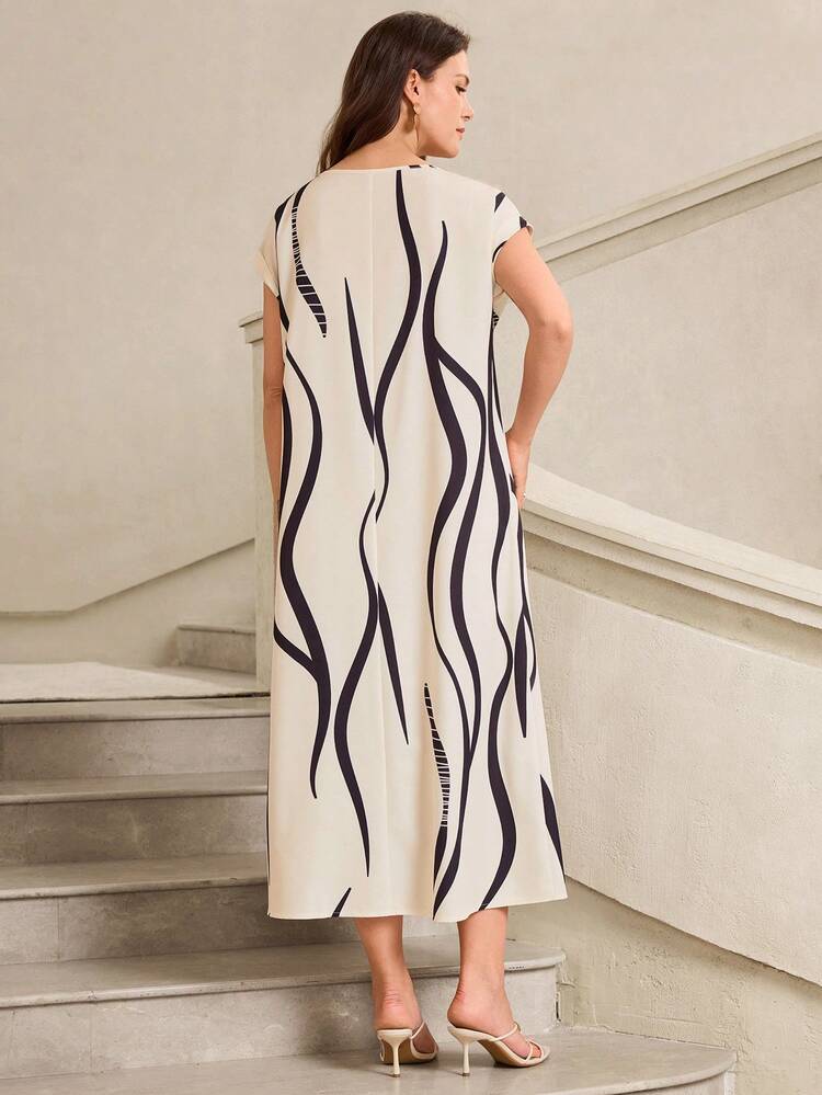 Women's Elegant Black And White Summer Tea Party Dress,Sleeveless Round Neck Relaxed Fit Long Skirt,Abstract Wave Print Casual Beach Vacation Dress