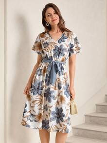 Miaspire 女士印花V领荷叶袖优雅连衣裙 - 彩色 - 查看 8