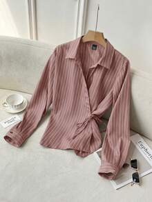 Modelyn Collared Tie-Front Long Sleeve Cinched Waist Striped Casual Shirt For Women - Pink - View 3