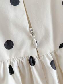 Loomiva Baby Girl Polka Dot Pattern Square Neck Puff Sleeve Waist Cinched Dress - Beige - View 5