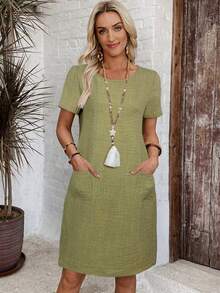 EMERY ROSE Women's Casual Linen Blend Round Neck Pocket Mini Dress, Suitable For Spring/Summer - Green - View 6
