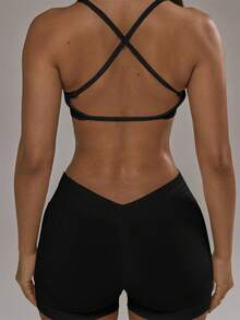 Musera Sport 交叉背带运动文胸和提臀紧身裤套装 板式网球冬季运动服 运动健身房锻炼套装 健身套装 - 黑色 - 查看 2