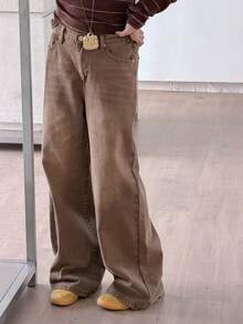 DAZY 少女日常休闲破洞阔腿牛仔裤，带斜插口袋 - 咖啡棕 - 查看 5