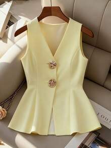 GlowEve Elegant Women's Light Yellow Waist Cinched Vest, Suitable For Valentine's Day, Everyday Outings, Dates, Summer Lightweight Suit Vest