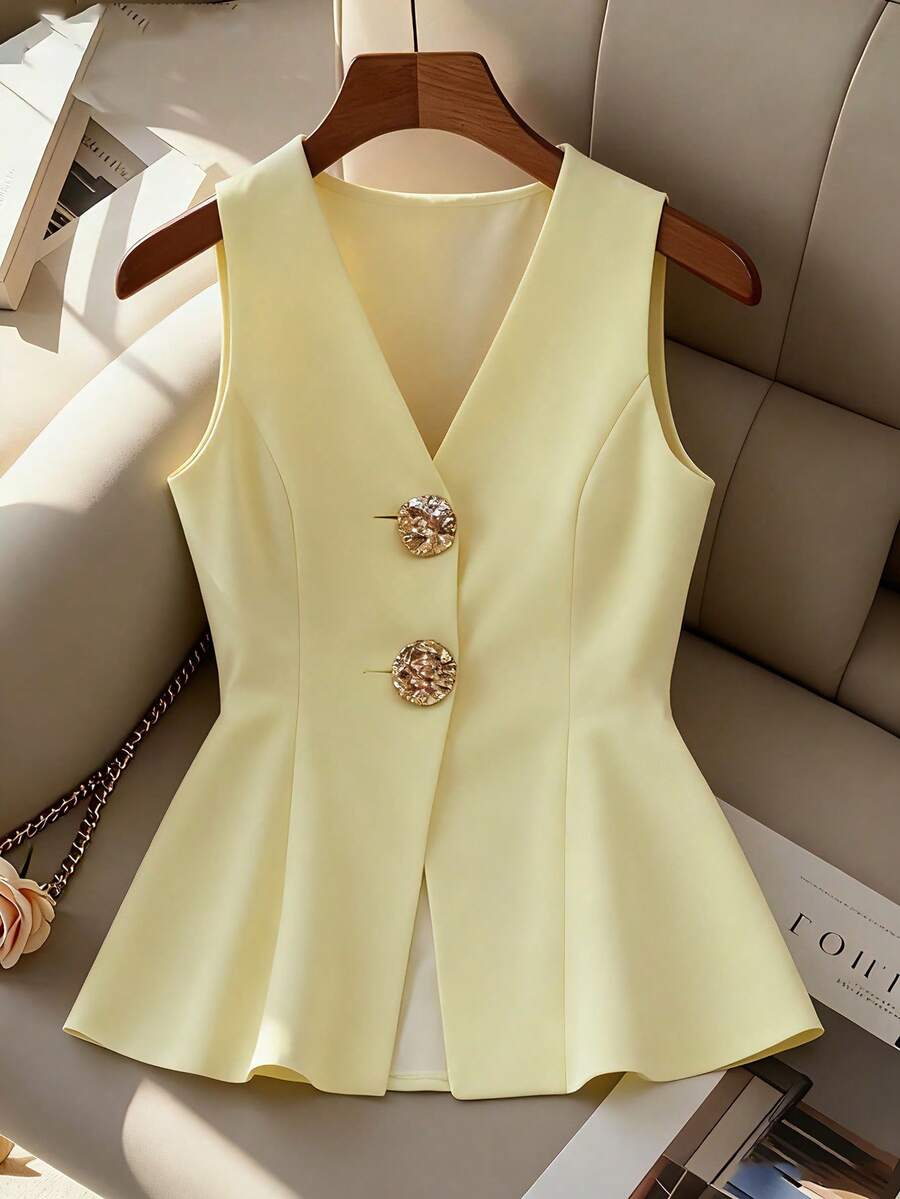 GlowEve Elegant Women's Light Yellow Waist Cinched Vest, Suitable For Valentine's Day, Everyday Outings, Dates, Summer Lightweight Suit Vest