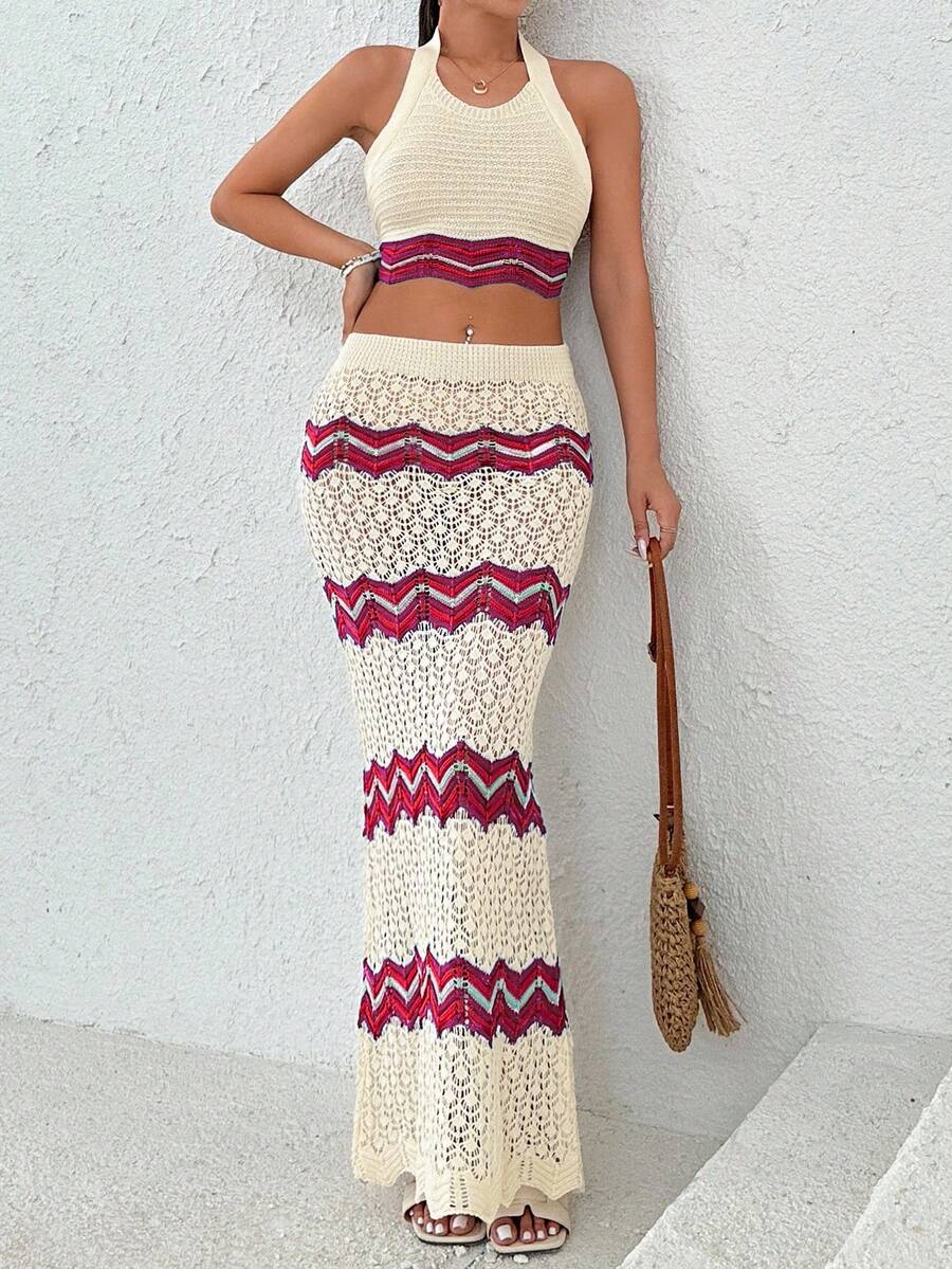 EURMUSE Women Cover-Up Knit Halter Neck Top And Skirt Set - Multicolor - View 1