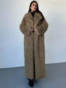 Firerie 女士加厚宽松超大款西装外套，带人造毛领，有内衬，奢华复古超长款大衣，杏色长袖毛绒外套，杏色人造毛大衣，适合婚礼、派对、假日装扮、春秋冬装、优雅场合、通勤、约会、派对、毕业典礼、演出、工作场合。 - 卡其色 - 查看 6