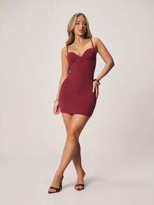 MISSGUIDED Burgundy Bodycon Mini Dress With Sweetheart Neckline And Thin Straps For Party Evening Occasions - Burgundy - View 3
