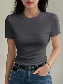 DAZY 1pc Women's Solid Color Round Neck Fitted Short Sleeve T-Shirt Summer - Dark Grey - View 2