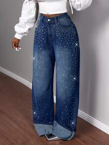 Slaydiva Quần jean denim nữ thời trang thường ngày, đính đá lấp lánh, túi xéo, chất liệu denim mài. - Rửa tối - Xem 3