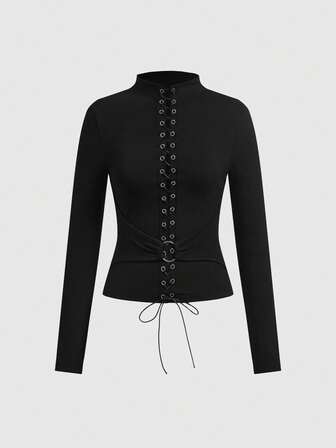 Gothic Sexy V-Neck Lace-Up Long Sleeve Bodycon T-Shirt