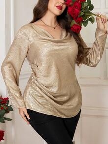 SHEIN Clasi Áo sơ mi dài tay dáng rộng cho nữ, chất liệu ánh kim, thiết kế xếp ly eo thanh lịch, phù hợp cho mùa thu, đông, xuân, ngày lễ tình nhân, sinh nhật, mùa xuân, nghỉ xuân, hè, mùa hè, áo kiểu thanh lịch cho nữ. - Vàng - Xem 6