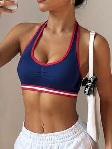 Dewbera Women's Contrast Trim Backless Racerback Sports Bra - Navy Blue - View 1