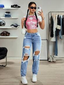 SHEIN Tall Women's Casual Versatile Distressed Skinny Jeans - Light Wash - View 7