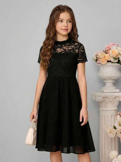 SHEIN Pitira Tween Girl Elegant Black Lace A-Line Princess Dress, Suitable For Party, Valentine's Day, Mother-Daughter Matching, Sister Matching