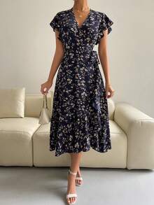 Breezaya Maxikleid für Frauen mit Blume Muster, Schmetterlings-Ärmeln und Knoten an der Seite, in Burgunderrot - marineblau - Übersicht 7
